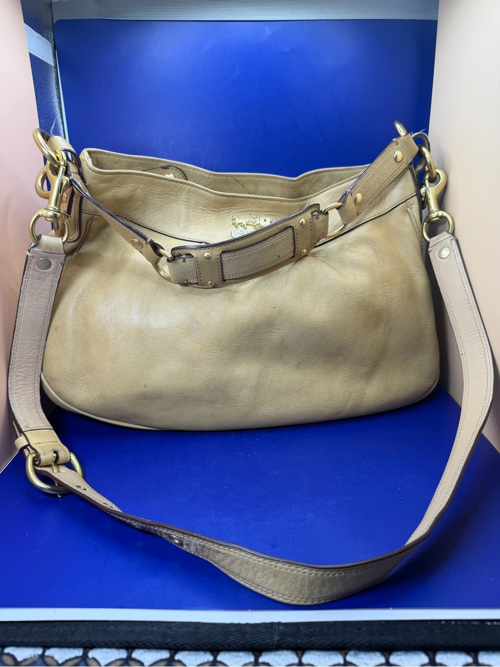 Coach Beige Leather Shoulder Hobo Bag with Gold Hardware